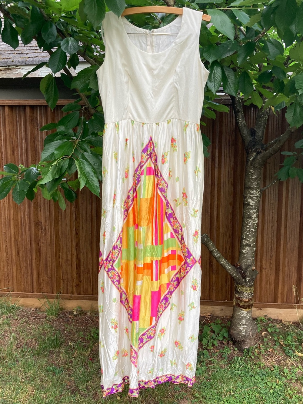 Sleeveless Cream Maxi Dress with Neon Mosaic Panel